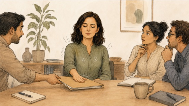 Handgetekende illustratie van een professional die tijdens een vergadering rustig een grens stelt bij extra werk. Assertiviteit coaching