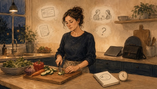 Handgetekende illustratie van een professional die thuis nog aan onafgewerkte werktaken denkt en haar volgende stap noteert. Mental coach tips