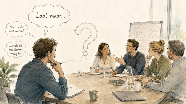 Medewerker die in een vergadering twijfelt om een vraag te stellen uit angst om dom over te komen, met tips van perfectionismecoach