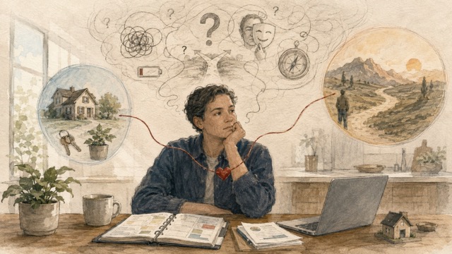 Handgetekende illustratie van een professional die nadenkt over waarom het leven goed lijkt te gaan maar toch niet echt goed voelt bij blog van mental coach en loopbaancoach
