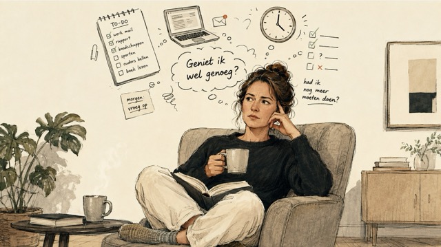 Handgetekende illustratie van iemand die probeert te ontspannen maar zich door perfectionisme afvraagt of hij wel genoeg geniet. Perfectionismecoach