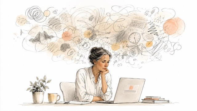 Handgetekende illustratie van een professional die een afwijzing persoonlijk aantrekt en erover blijft nadenken voor bij artikel met tips van perfectionismecoach en mental coach