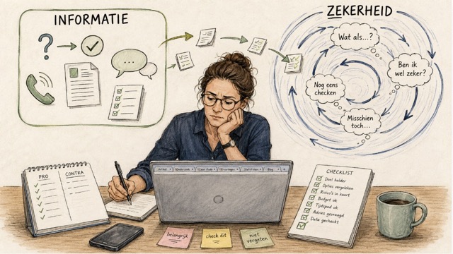 Handgetekende illustratie van iemand die blijft zoeken naar informatie terwijl het echte probleem onzekerheid is, bij een artikel over piekeren en perfectionisme van perfectionismecoach Wim