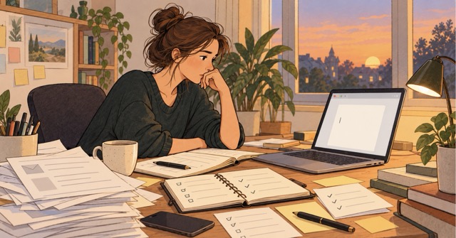 Handgetekende illustratie over altijd druk zijn maar niet vooruitkomen door uitstelgedrag en perfectionisme