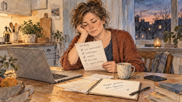 Handgetekende illustratie van iemand die ’s avonds nog aan het werk is en worstelt met perfectionisme en het volhouden van goede voornemens