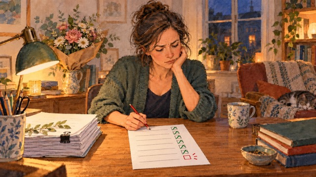 Handgetekende illustratie van een vrouw die door perfectionisme vooral kijkt naar één onafgewerkte taak, terwijl de rest van haar takenlijst afgevinkt is. Perfectionismecoach