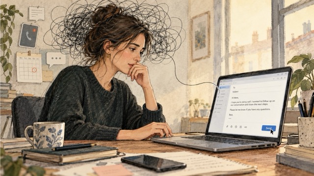 Handgetekende illustratie van iemand die twijfelt om een mail te versturen door perfectionisme, piekeren en onzekerheid