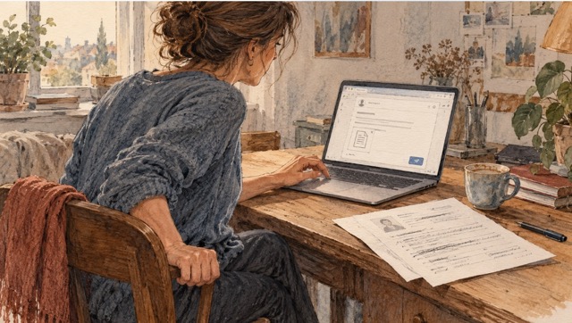 Handgetekende illustratie van iemand die aarzelt om een sollicitatie te versturen, als voorbeeld van uitstelgedrag en moeite met veranderen. Met tips van mental coach en loopbaancoach